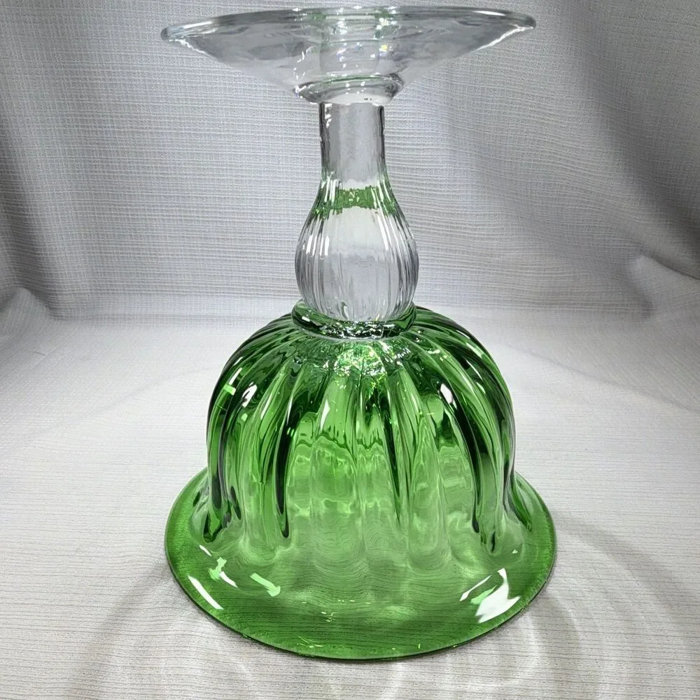 Vtg Green Glass Compote Dish Clear Pedestal Ribbed Centerpiece Bowl (6.75